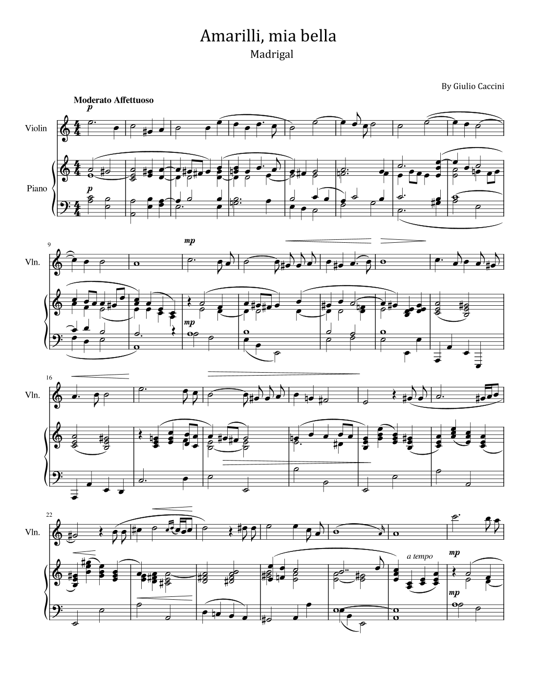 Giulio Caccini - Amarilli, mia bella - For Violin and Piano Original (arr. poon)