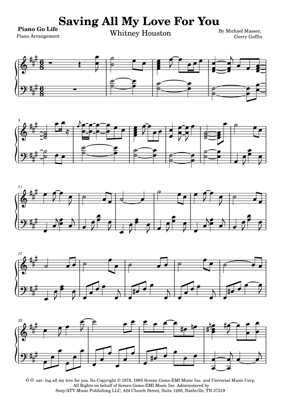 Saving All My Love For You (arr. Piano Go Life)