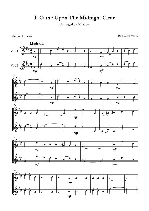 It Came Upon The Midnight Clear Violin Duet in D Easy Intermediate (arr. Milanov)