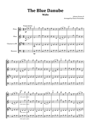 The Blue Danube - Woodwind Quartet with Chord Notations (arr. Glauco Fernandes)
