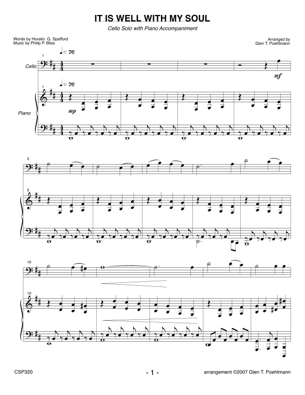 IT IS WELL WITH MY SOUL - Cello Solo with Piano Accompaniment (arr. Glen Poehlmann)
