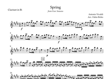 Spring (from Four Seasons of Antonio Vivaldi) for Clarinet in Bb Solo (arr. Fabio Britto)