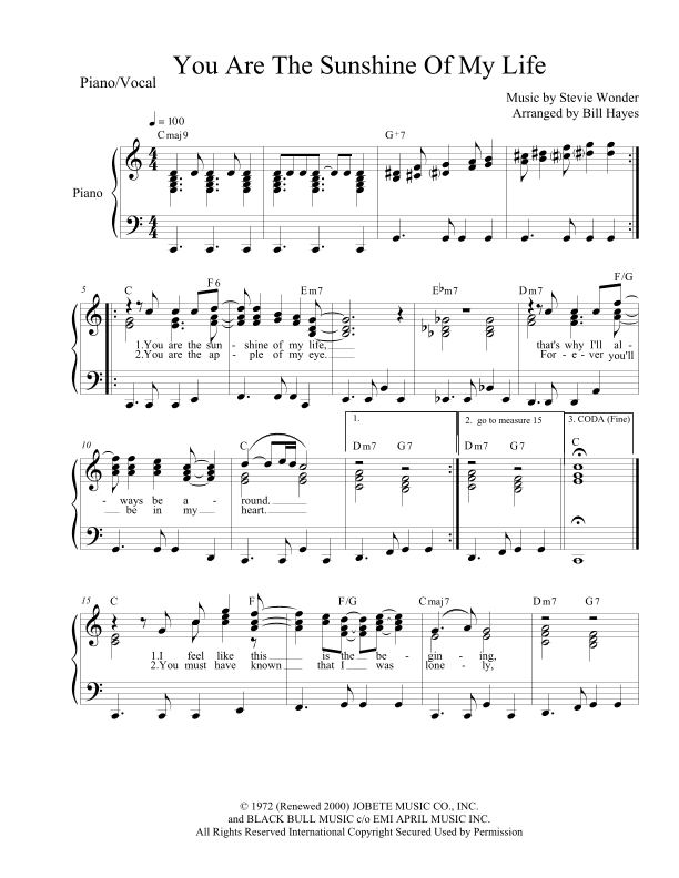 You Are The Sunshine Of My Life (arr. Bill Hayes)