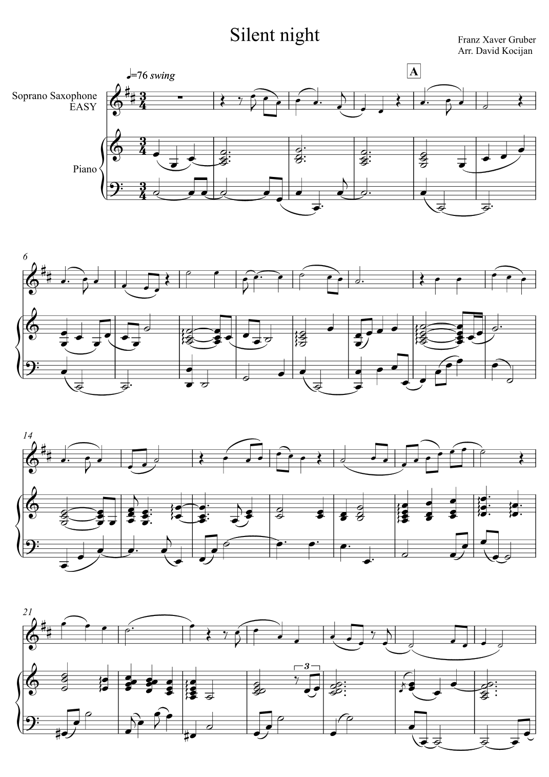 Silent night EASY (soprano sax & piano) (arr. David Kocijan)