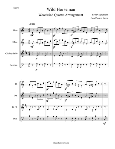 Schumann, R: Album for the Young - The Wild Horseman (Wilde Reiter) - Intermediate Woodwind Quartet (arr. Juan Patricio Saenz)