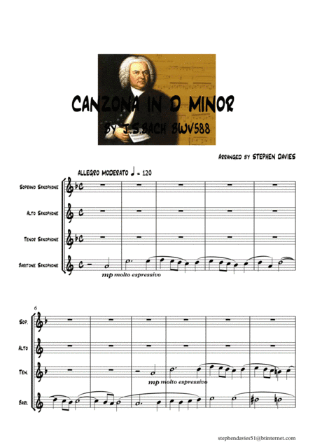 'Canzona in D Minor' by J.S.Bach BWV588 for Saxophone Quartet. (arr. Stephen Davies)
