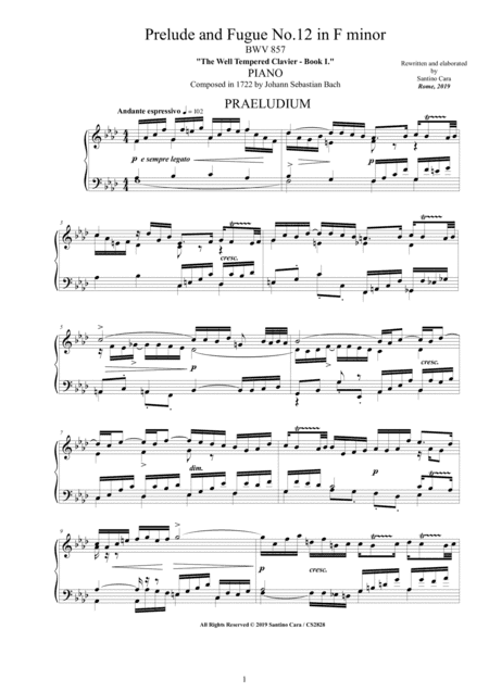 Bach - Prelude and Fugue No.12 in F minor BWV 857 for Piano (arr. Santino Cara)