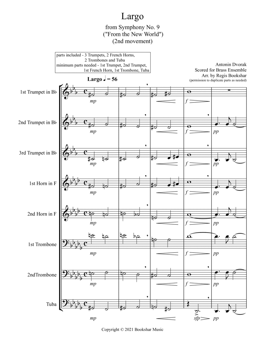Largo (from "Symphony No. 9") ("From the New World") (Db) (Brass Ensemble - Trps, Hrns, Trbs, Tubas) (arr. Regis Bookshar)