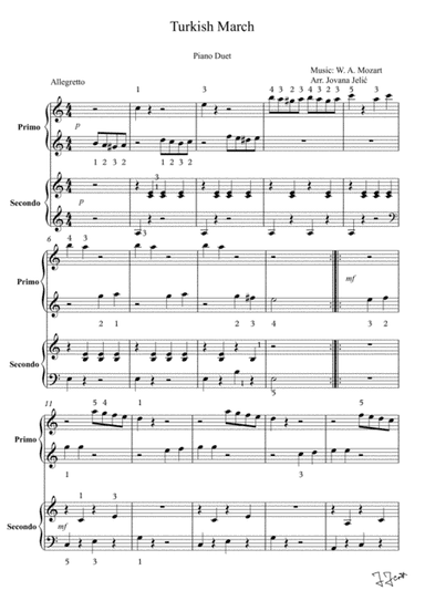 Turkish March, piano duet, easy