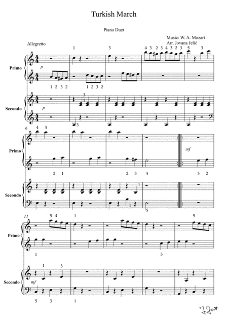 Turkish March, piano duet, easy