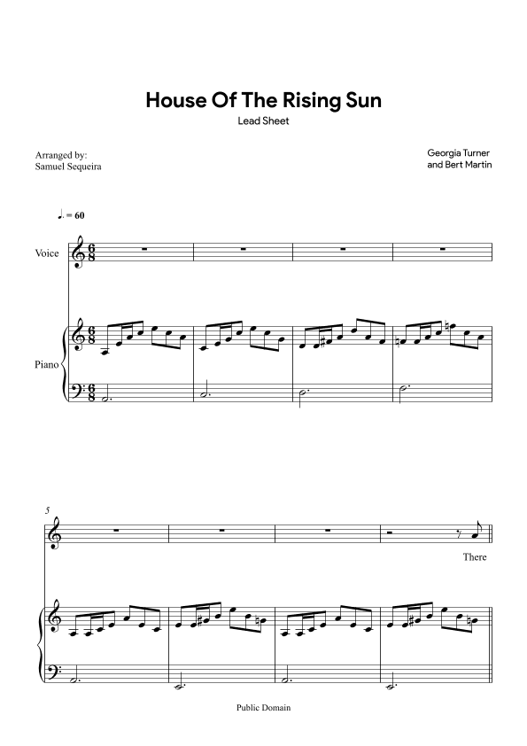 House of the Rising Sun - Lead Sheet - with play along (arr. Samuel Sequeira)