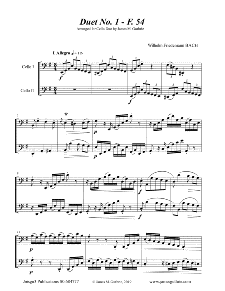 WF Bach: Duet No. 1 for Cello Duo (arr. James M. Guthrie, ASCAP)