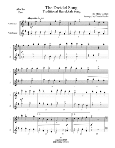 The Dreidel Song - Alto Saxophone Duet - Intermediate (arr. Dennis Ruello)