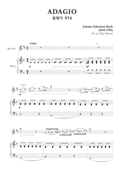 Adagio from BWV 974 for Alto Saxophone and Piano (arr. Diego Marani)