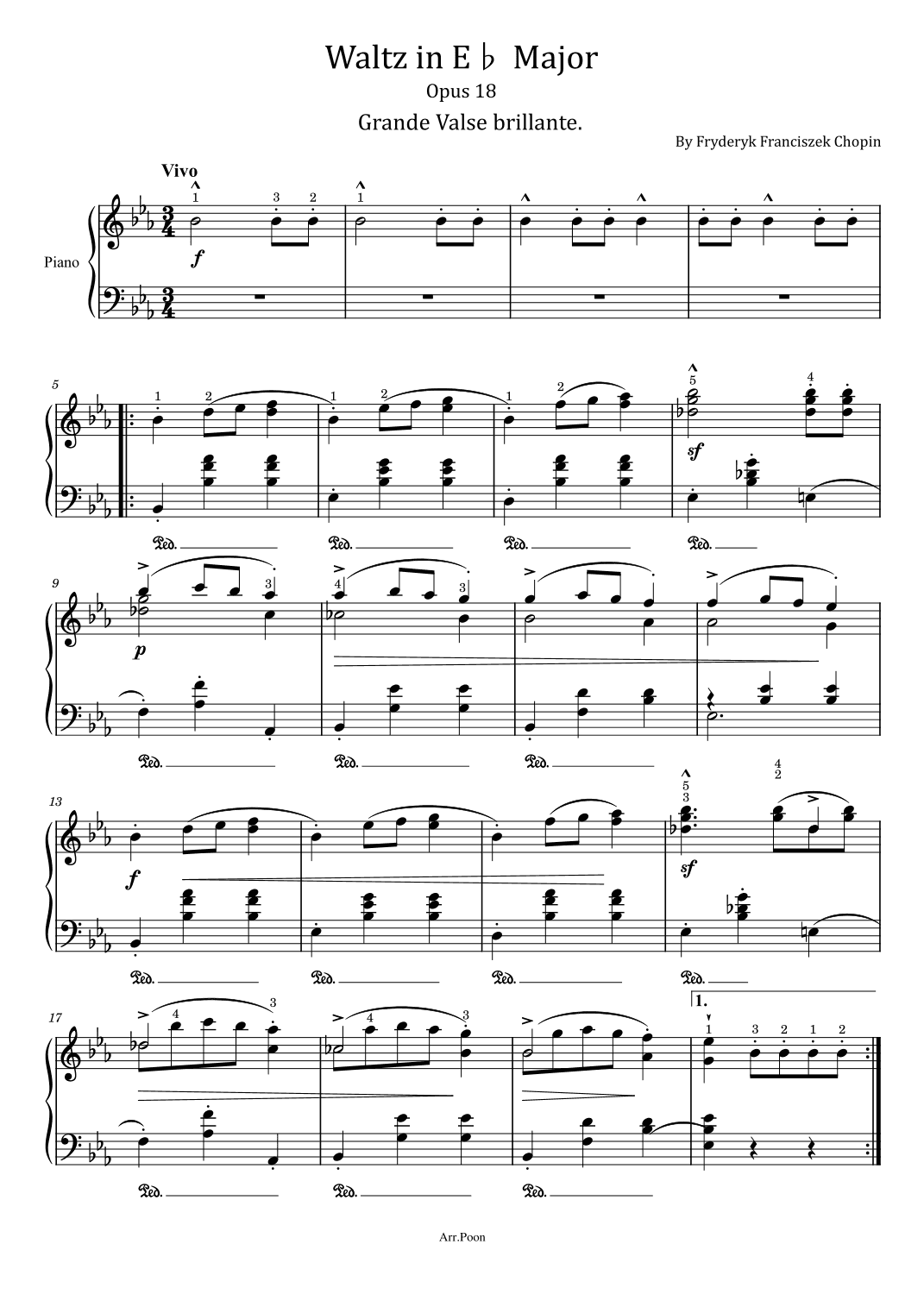 Chopin Waltz in E? Major - Op.18 - “Grande Valse brillante” - Original With Fingered For Piano Solo (arr. poon)