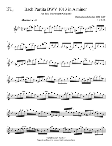 Bach 1723 BWV 1013 Partita in 4 Movements for Oboe or English Horn (transposed) (arr. R G Roth)