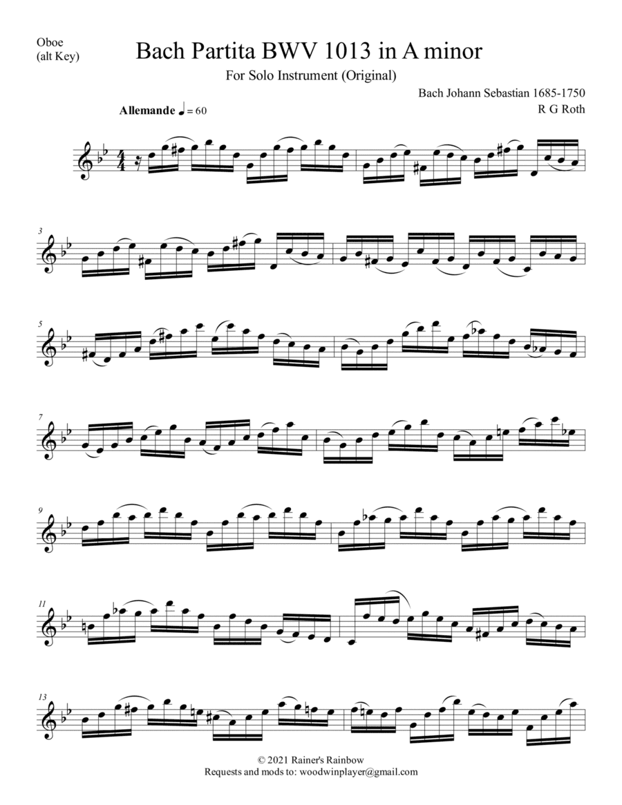Bach 1723 BWV 1013 Partita in 4 Movements for Oboe or English Horn (transposed) (arr. R G Roth)