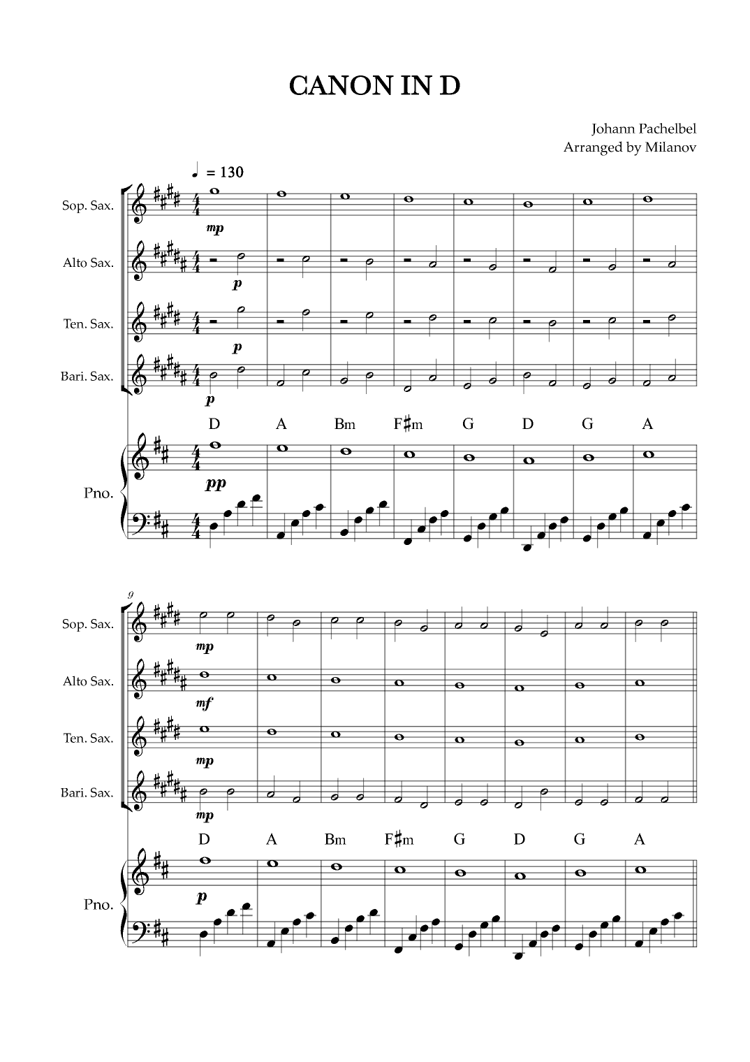 Canon in D | Pachelbel | Saxophone quartet | Piano accompaniment (arr. Milanov)