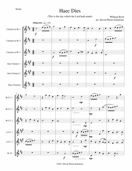 Haec Dies for clarinet sextet (3 B flat clarinets, 2 Alto clarinets and 1 Bass clarinet) (arr. David Warin Solomons)