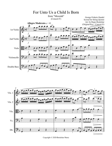 For Unto Us a Child is Born (from "Messiah") (F) (String Quintet - 2 Violins, 1 Viola, 1 Cello, 1 Ba (arr. Regis Bookshar)