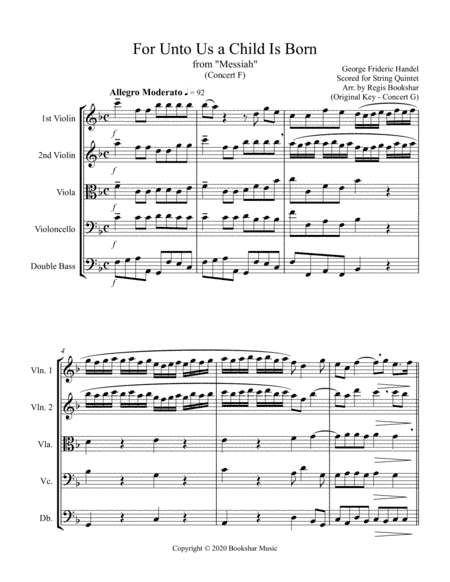 For Unto Us a Child is Born (from "Messiah") (F) (String Quintet - 2 Violins, 1 Viola, 1 Cello, 1 Ba (arr. Regis Bookshar)