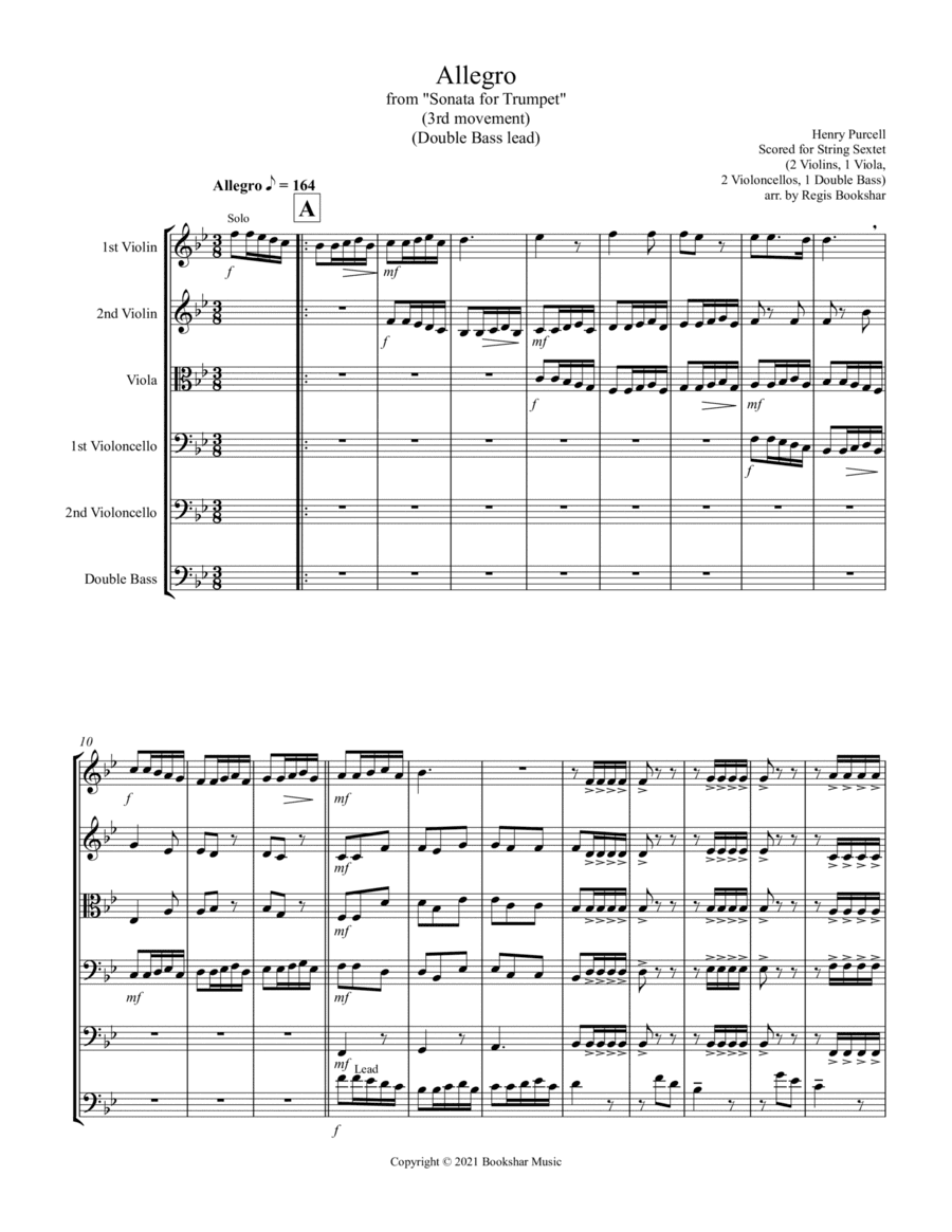 Allegro (from "Sonata for Trumpet") (Bb) (String Sextet - 2 Violins, 1 Viola, 2 Cellos, 1 Bass) (Dou (arr. Regis Bookshar)