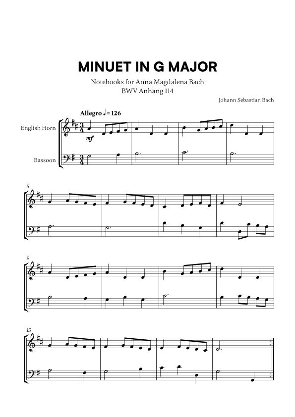 Minuet in G Major (BWV Anh. 114) (for English Horn and Bassoon) (arr. Cadenza Editions)