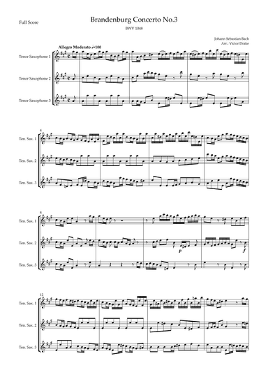 Brandenburg Concerto No. 3 in G major, BWV 1048 1st Mov. (J.S. Bach) for  Tenor Saxophone Trio (arr. Victor Drake)