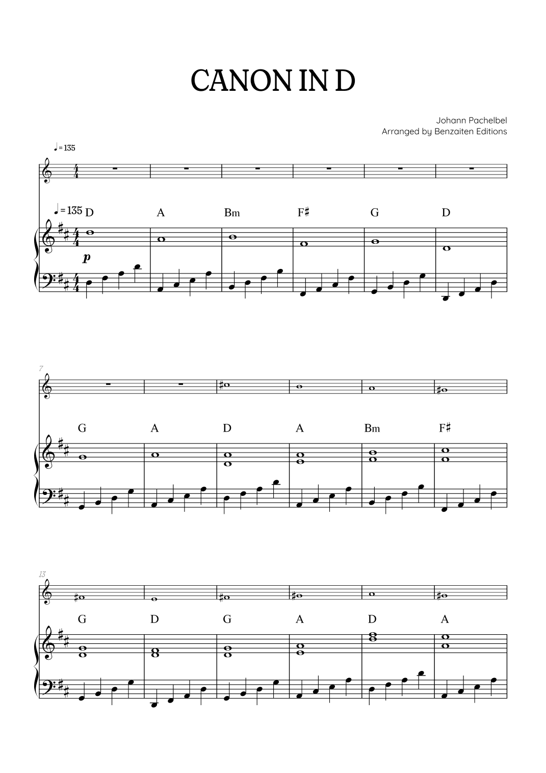 Pachelbel Canon in D • french horn sheet music with piano accompaniment and chords (arr. Benzaiten Editions)