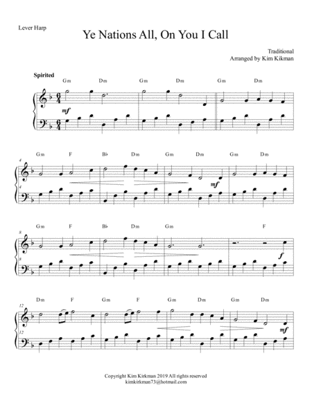 Ye Nations All - Christmas Hymn for lever harp - one sharp (arr. Kim Kirkman)