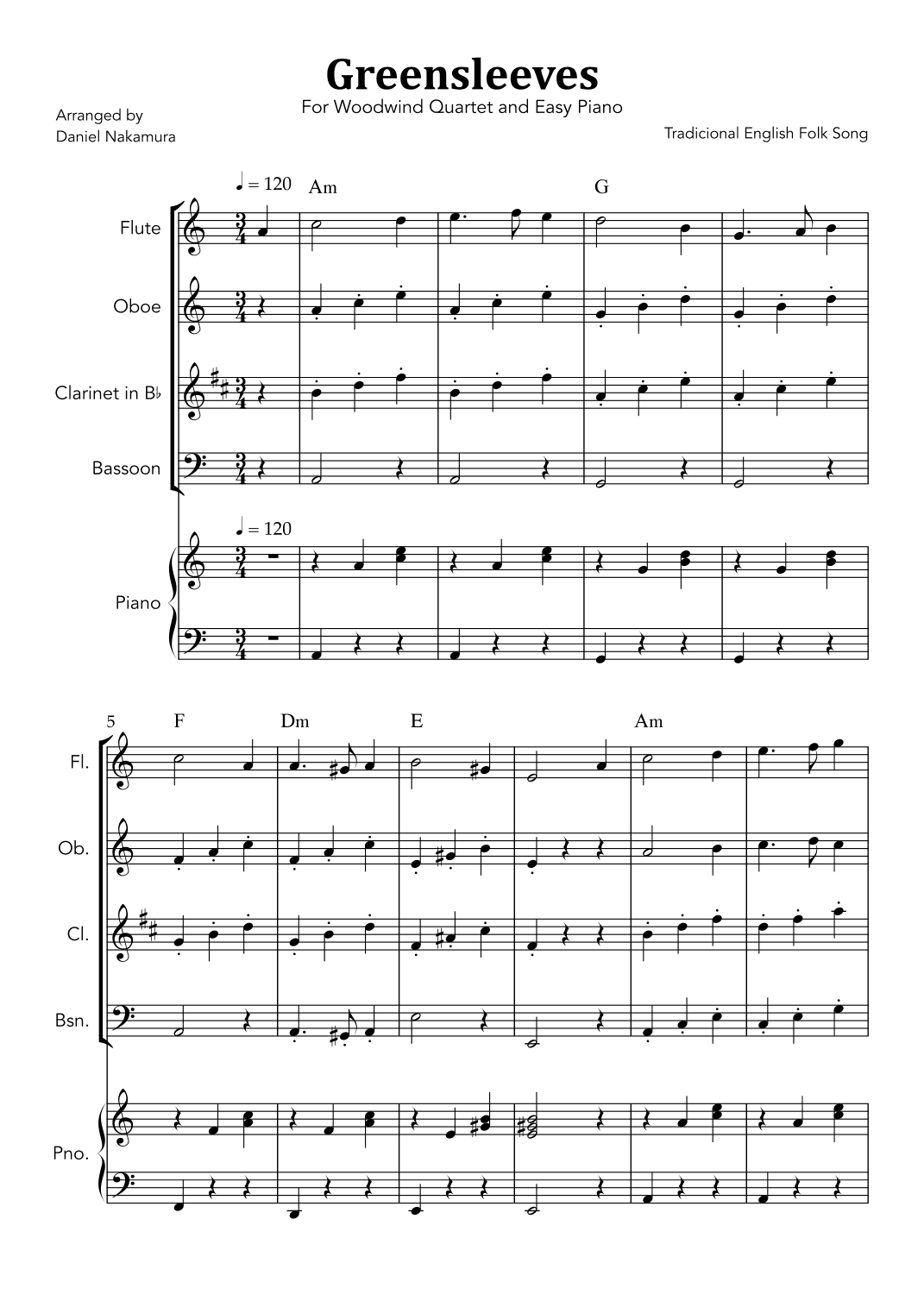 Greensleeves (for Woodwind Quartet and Easy Piano) (arr. Daniel Nakamura)