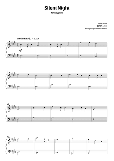 Silent Night (easy piano in E major – clean sheet music) (arr. Bernardo Pereira)
