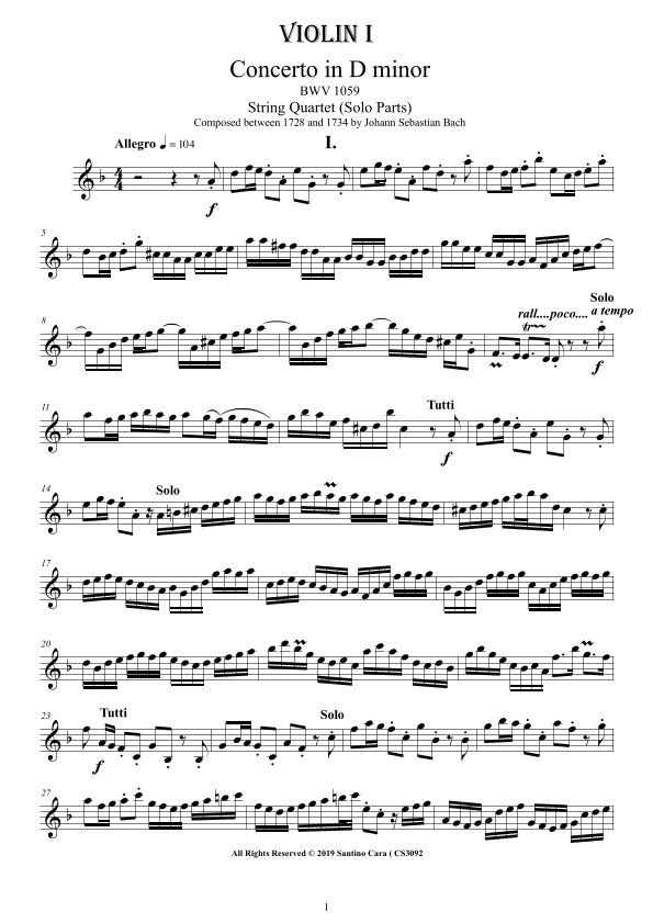 Bach - Concerto in D minor BWV 1059 for String Quartet - Complete Parts (arr. Santino Cara)