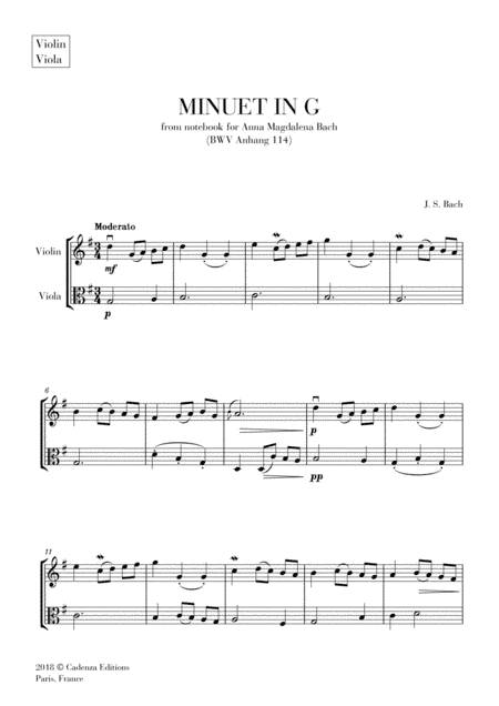 Minuet in G (from Anna Magdalena Notebook) for Violin and Viola (String Duet) (arr. Cadenza Editions)