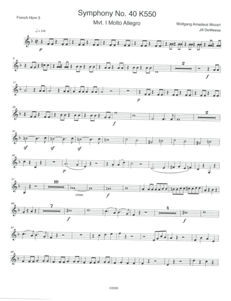 Mozart Symphony No. 40 in G minor, Movement 1 F Horn 3 only (arr. Jill DeWeese)