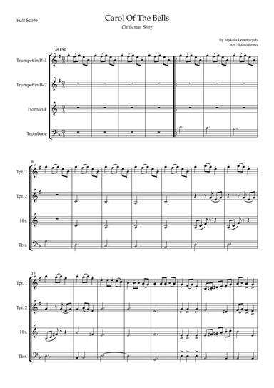 Carol Of The Bells (Christmas Song) for Brass Quartet (D Minor) (arr. Fabio Britto)
