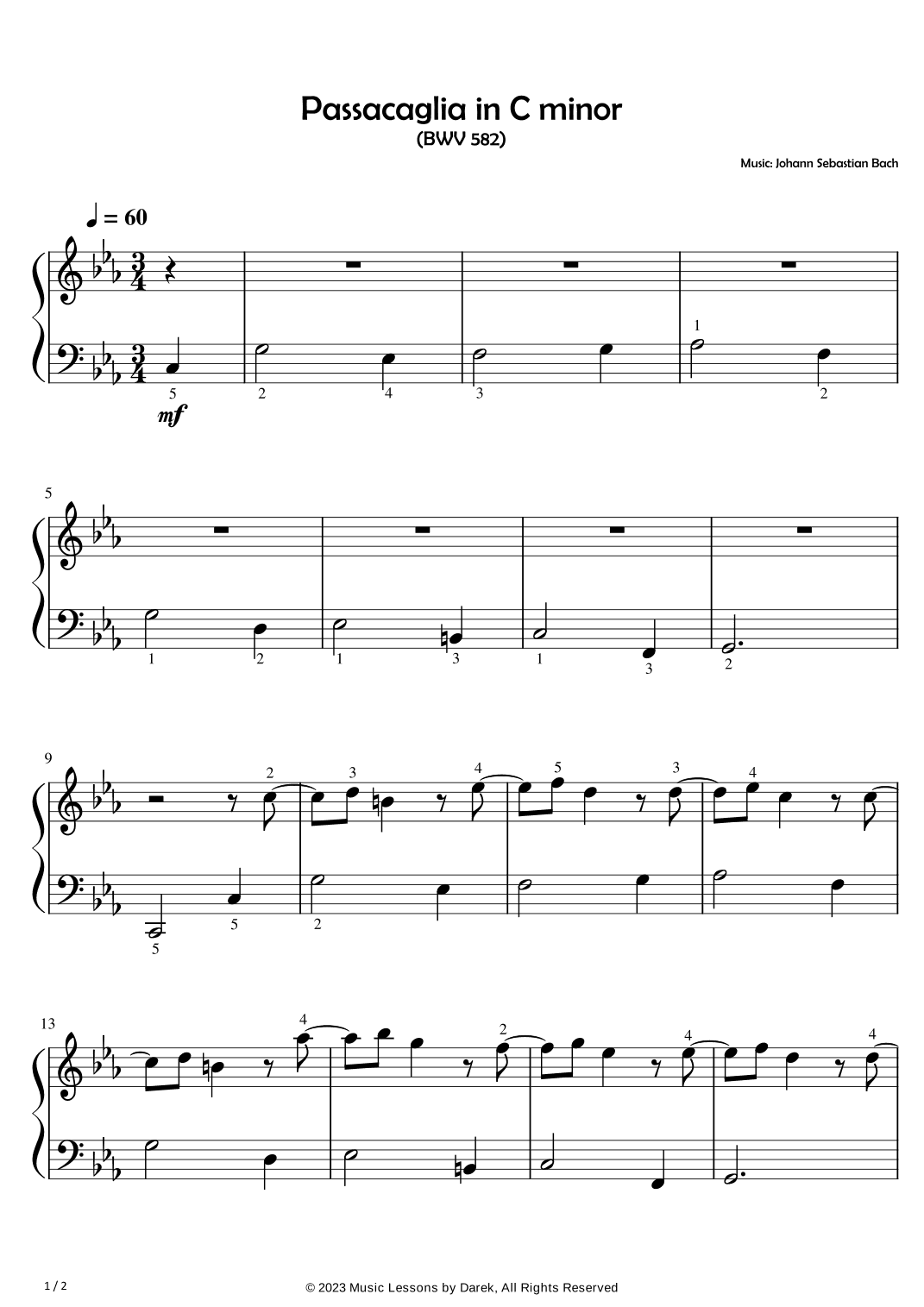Passacaglia in C minor (EASY PIANO) (BWV 582) [Johann Sebastian Bach] (arr. Darek)