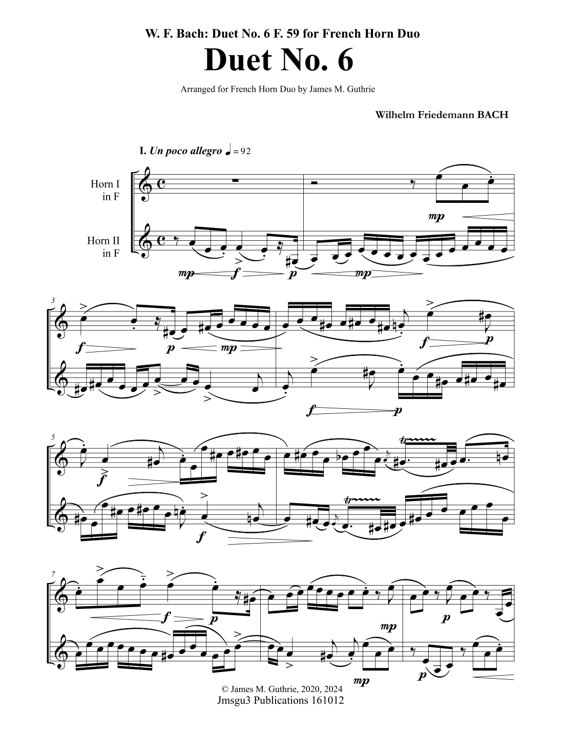 WF Bach: Duet No. 6 for French Horn Duo (arr. James M. Guthrie, ASCAP)