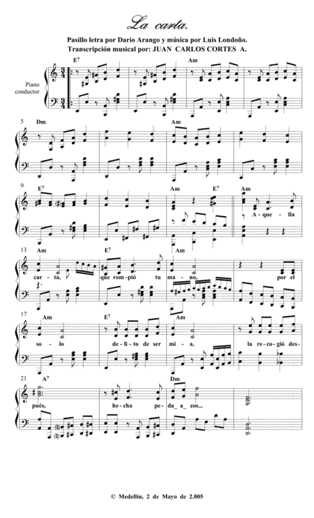 La carta. Pasillo. Letra por Darío Arango y música por Luis Londoño (arr. Juan Carlos Cortés A.)