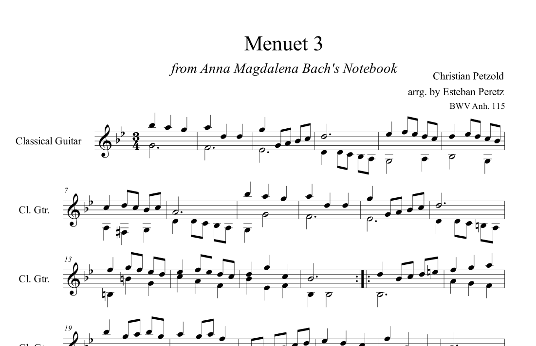 Menuet 3 from Anna Magdalena Bach's Notebook for Classical Guitar (arr. Esteban Peretz)