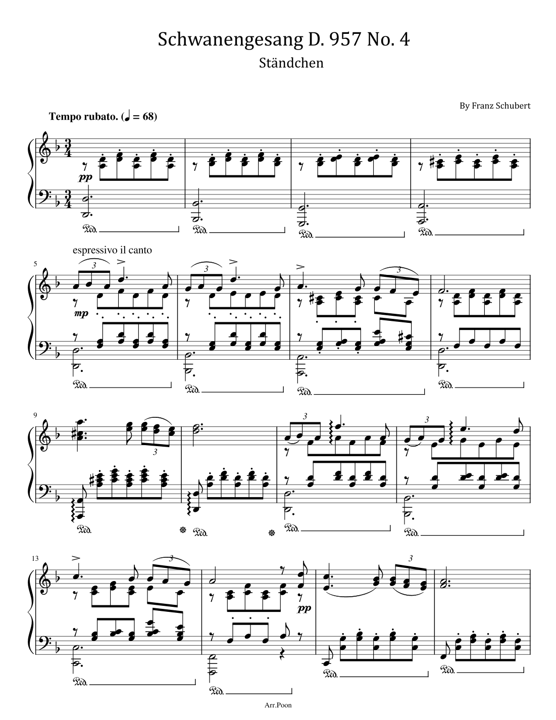 Schubert - Schwanengesang D. 957 No. 4 - For Piano Solo - Ständchen,Original (arr. poon)