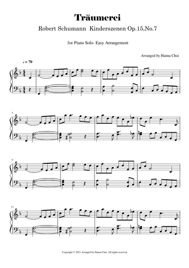 Träumerei - Schumann from Kinderszenen Op.15,No.7 [for Piano Solo/ Easy Version] (arr. Hanna Choi)