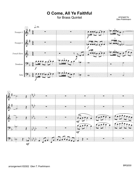 O COME ALL YE FAITHFUL - BRASS QUINTET with optional Handbells (3 octave) (arr. Glen Poehlmann)