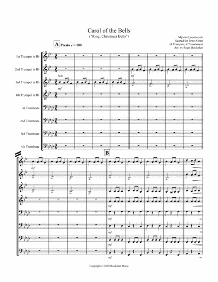 Carol of the Bells (F min) (Brass Octet - 4 Trp, 4 Trb) (arr. Regis Bookshar)