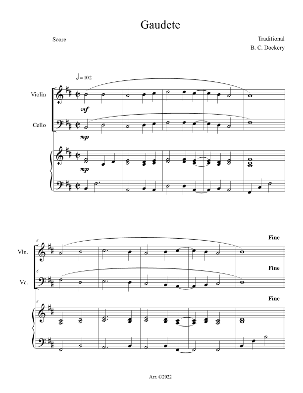 Gaudete (Violin and Cello Duet with Piano Accompaniment) (arr. B. C. Dockery)
