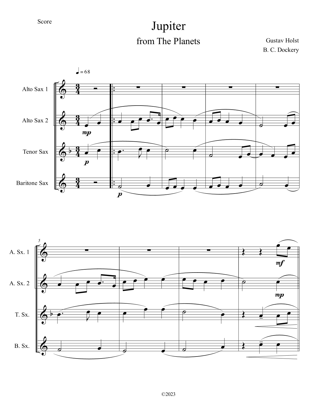 Jupiter (from The Planets) for Sax Quartet (arr. B. C. Dockery)