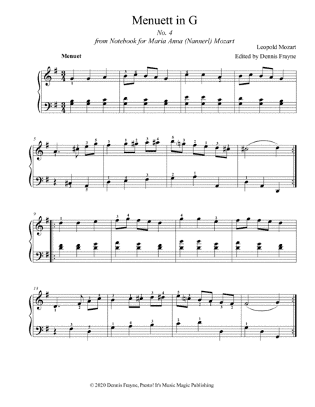 Menuett in G, No. 4 from Notebook for Maria Anna (Nannerl) Mozart (arr. Presto! It's Music Magic Publishing)