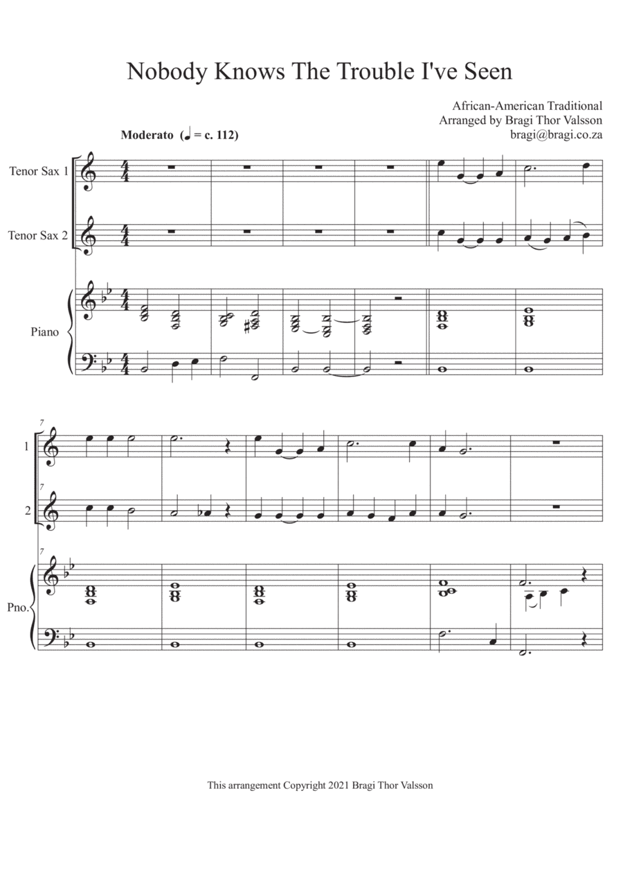 Nobody Knows The Trouble I've Seen - Duet for two Tenor Saxophones with Piano accompaniment (arr. Bragi Thor Valsson)