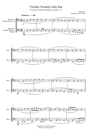 Twinkle Twinkle Little Star (for bassoon duet, suitable for grades 1-3) (arr. Edwin Sung)