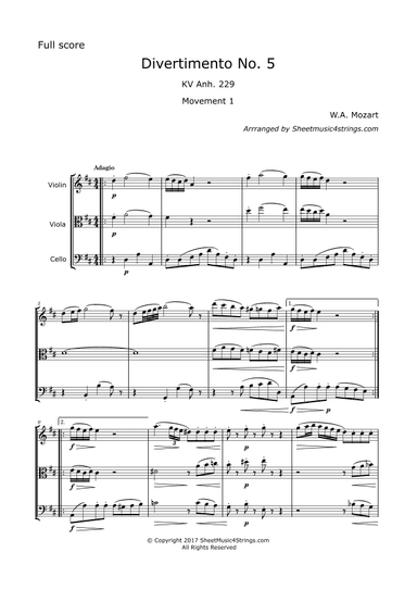 Mozart, W. A - Divertimento No. 5, KV. 229, for Violin, Viola and Cello (arr. SheetMusic4Strings)